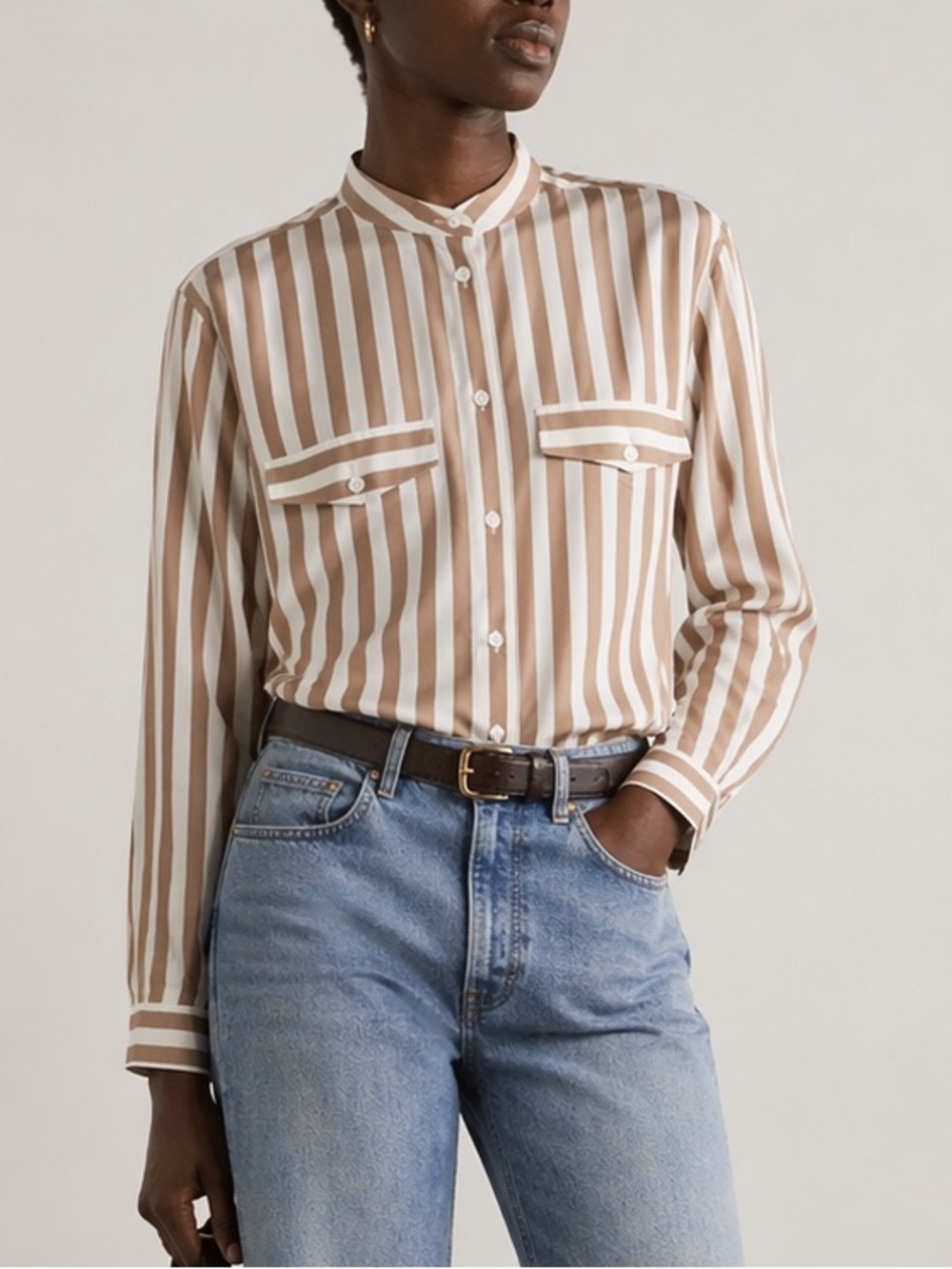 FRAME Femme Stripe Poplin Cotton Button Down Pocket Top Neutral Size Medium